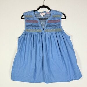 Panhandle Women XXL Blue Smocked Embroidered V-Neck Sleeveless Top Western Rodeo